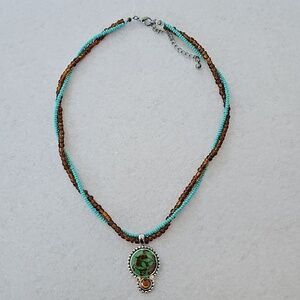 Beautiful Beaded Turquoise & Brown Colored Necklace w/ Amber Colored Rhinestones